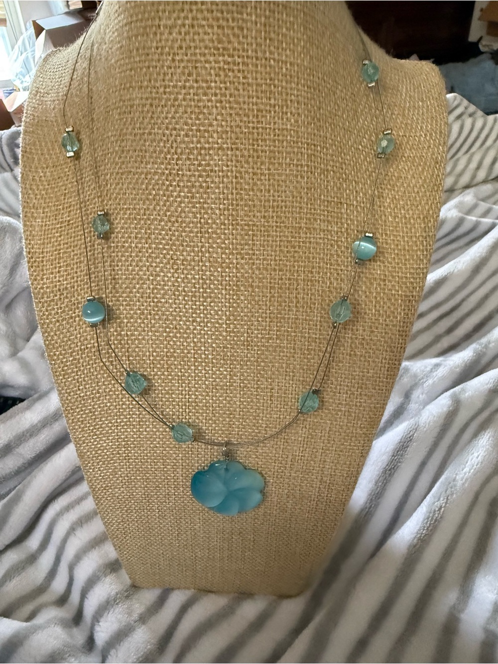Delicate Aqua Flower Glass Pendant Multi-Strand Necklace